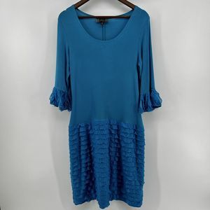 Slinky Brand Sz M‎ Turquoise Blue Tiered Ruffled Slinky Knit Dress 3/4 Sleeve